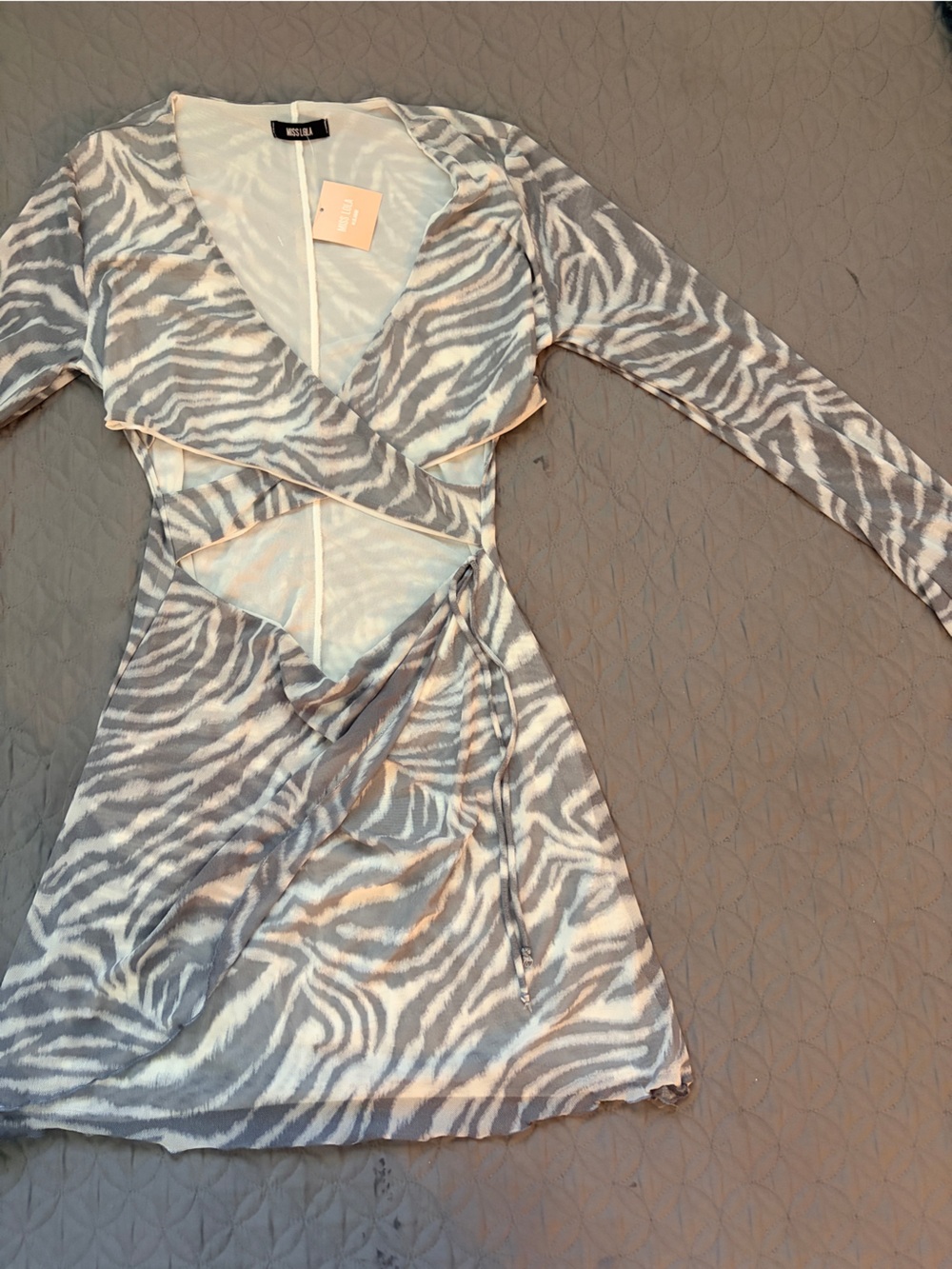 Miss Lola Zebra Print Cutout Dress in Light Gray and White